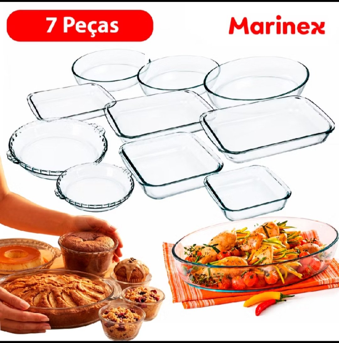 Conjunto Marinex  Kit  Jogo de Travessas 7 peças Variadas em Vidro Temperado próprias P/ Forno