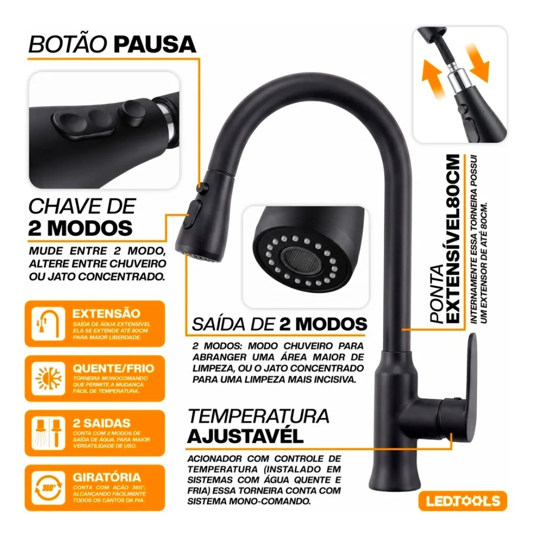 Torneira Para Pia De Cozinha Monocomando Dupla Saida Mesa