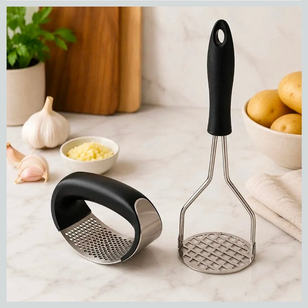 Kit Espremedor de Alho e Amassador de Batatas Inox Ergonômico